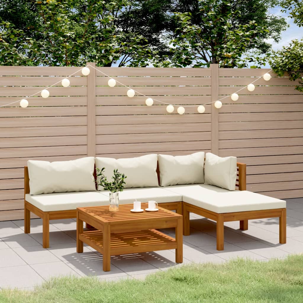 5 Piece Garden Lounge Set With Cream Cushion Solid Acacia Wood