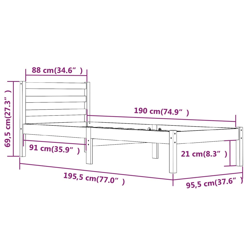 Bed Frame Solid Wood Pine 92X187 Cm Single Size