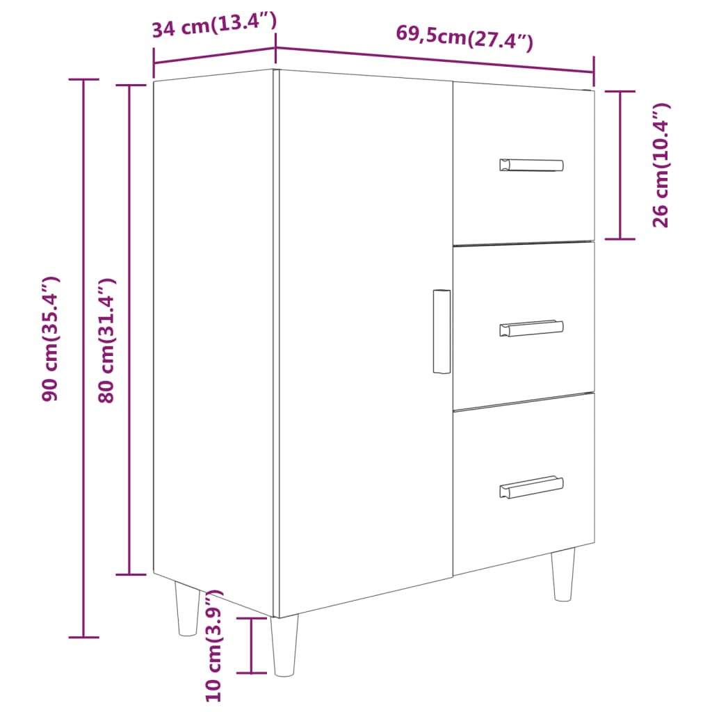 Sideboard White 69.5X34x90 Cm Engineered Wood