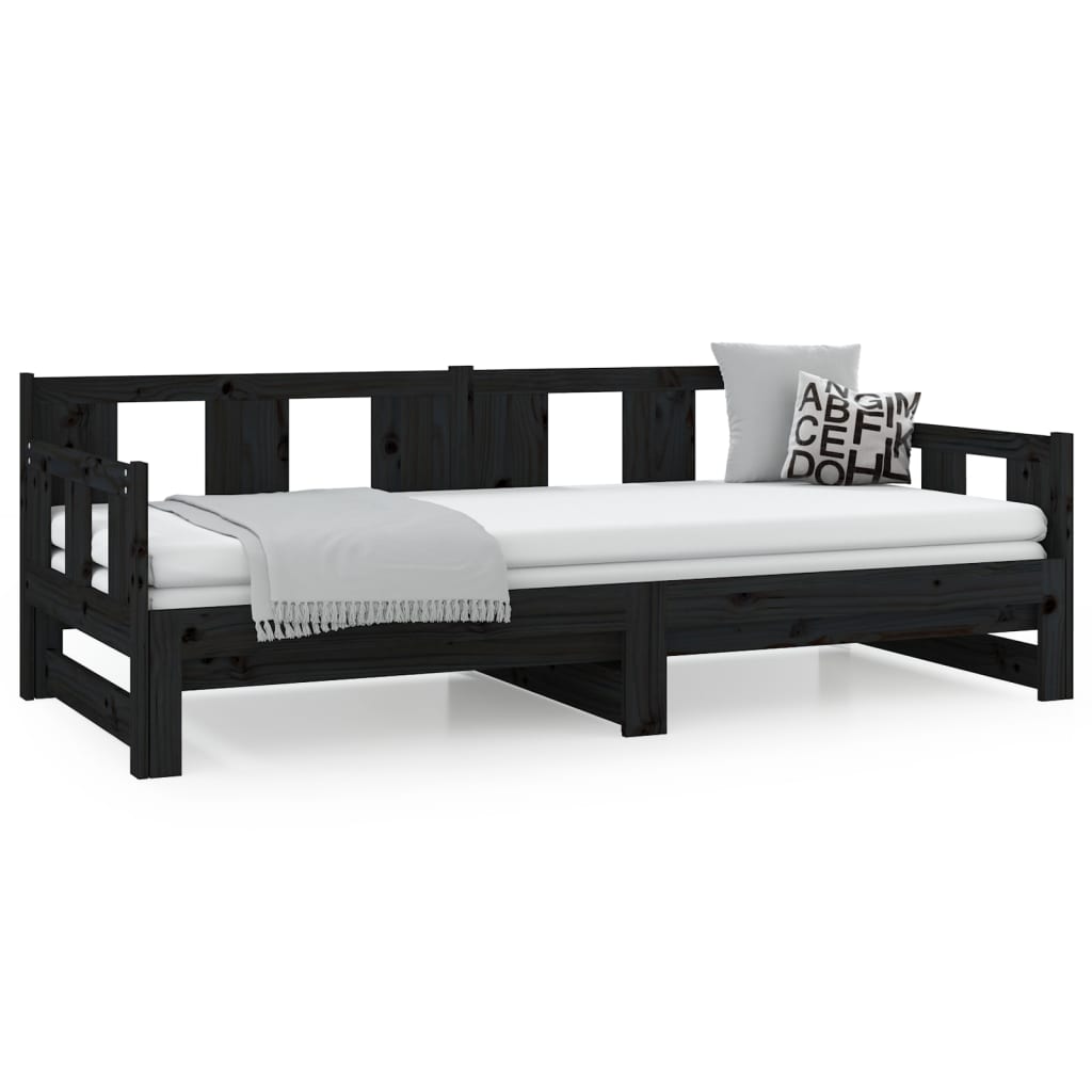 Pull-Out Day Bed Black Solid Wood Pine 2X(92X187) Cm Single Size