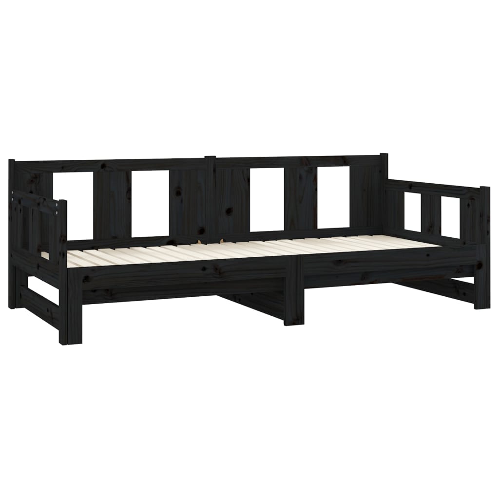 Pull-Out Day Bed Black Solid Wood Pine 2X(92X187) Cm Single Size