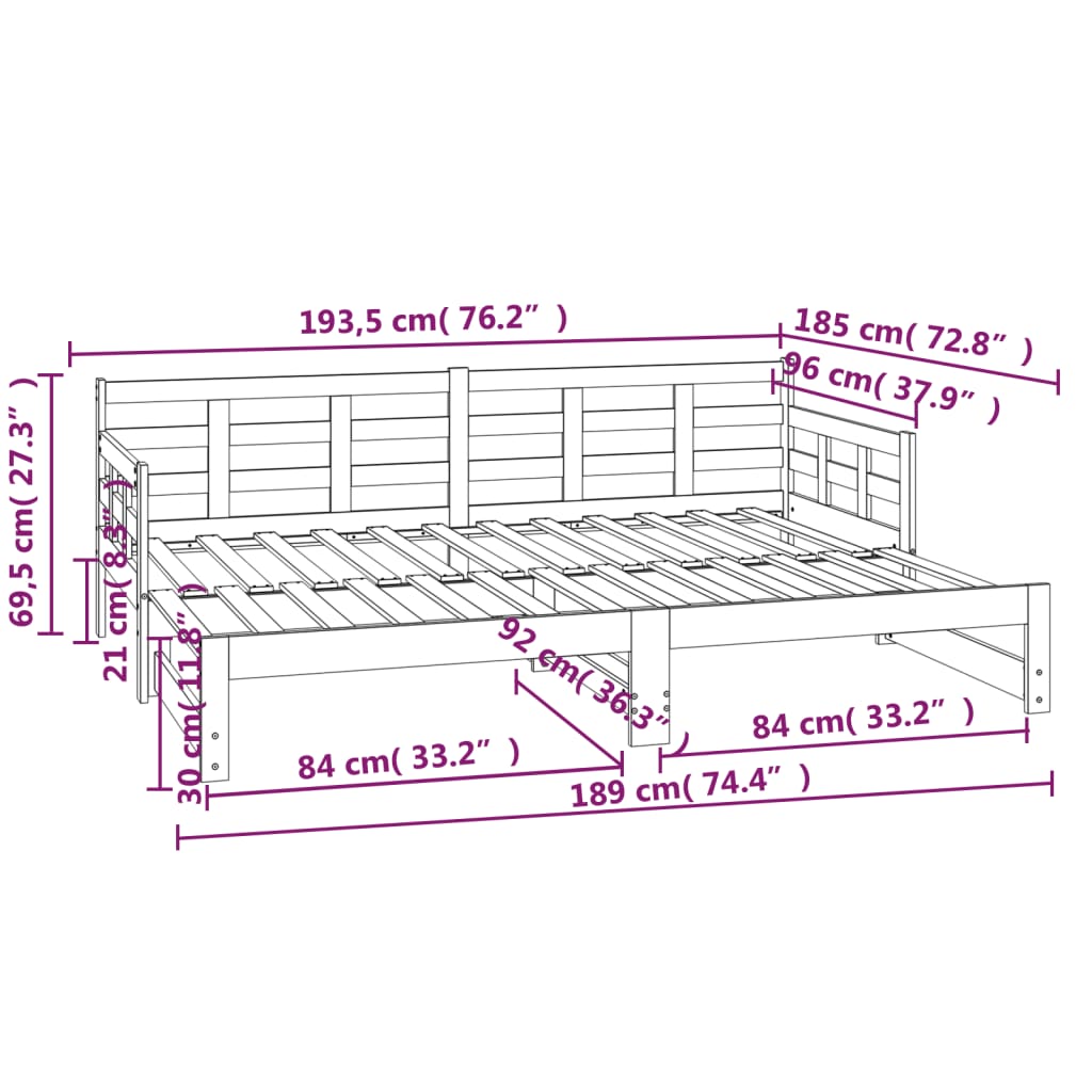 Pull-Out Day Bed White Solid Wood Pine 2X(92X187) Cm Single Size