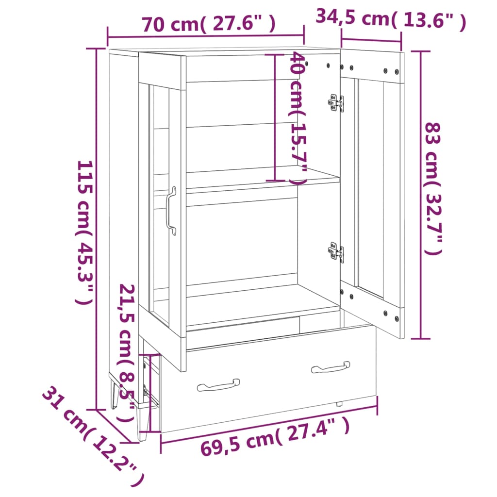 Highboard Gloss White 70X31x115 Cm Engineered Wood