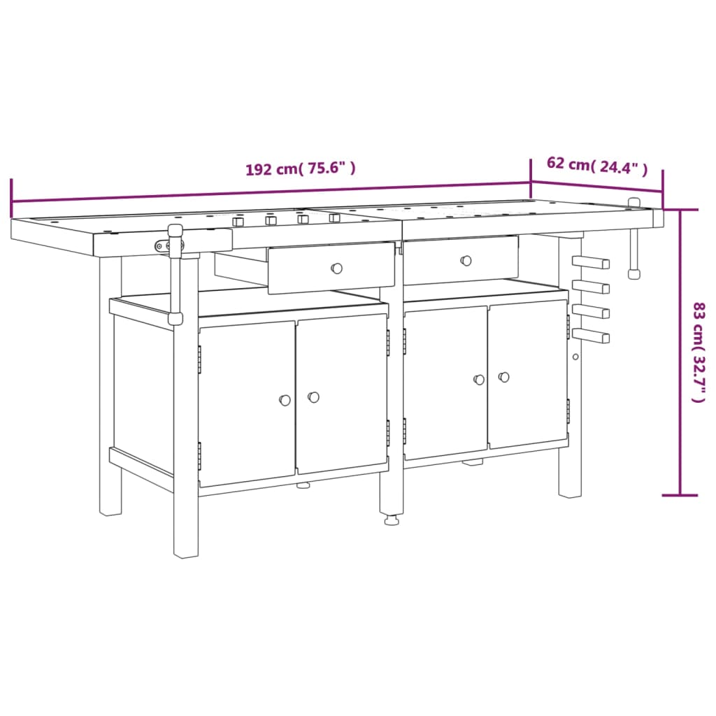 Workbench With Drawers And Vices 192X62x83 Cm Solid Wood Acacia