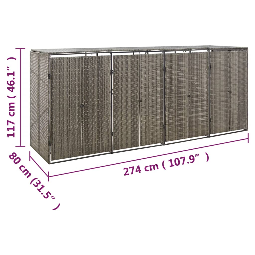 Quadruple Wheelie Bin Shed Grey 274X80x117 Cm Poly Rattan