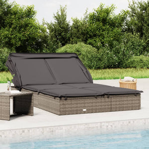 2-Person Sunbed With Foldable Roof Grey 213X118x97 Cm Poly Rattan