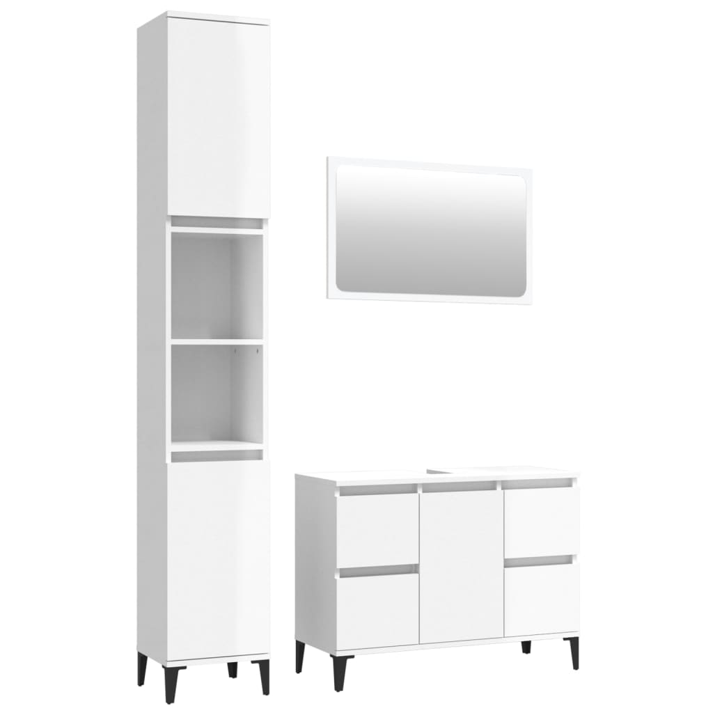 3 Piece Bathroom Furniture Set High Gloss White Engineered Wood