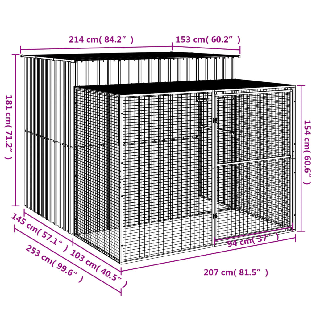 Dog House With Run Anthracite 214X253x181 Cm Galvanised Steel