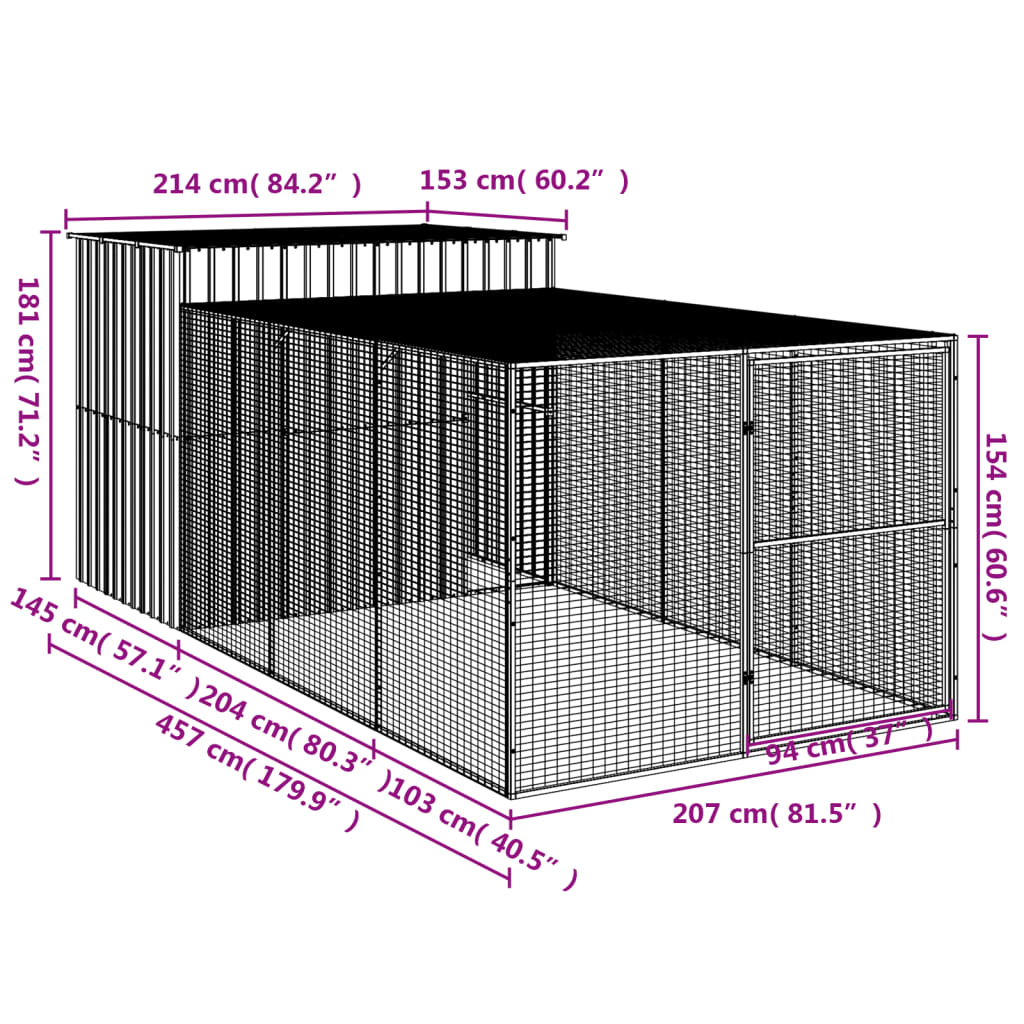 Dog House With Run Anthracite 214X457x181 Cm Galvanised Steel