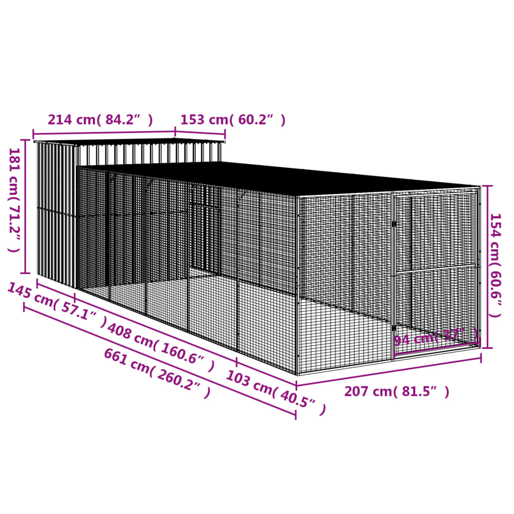 Dog House With Run Anthracite 214X661x181 Cm Galvanised Steel