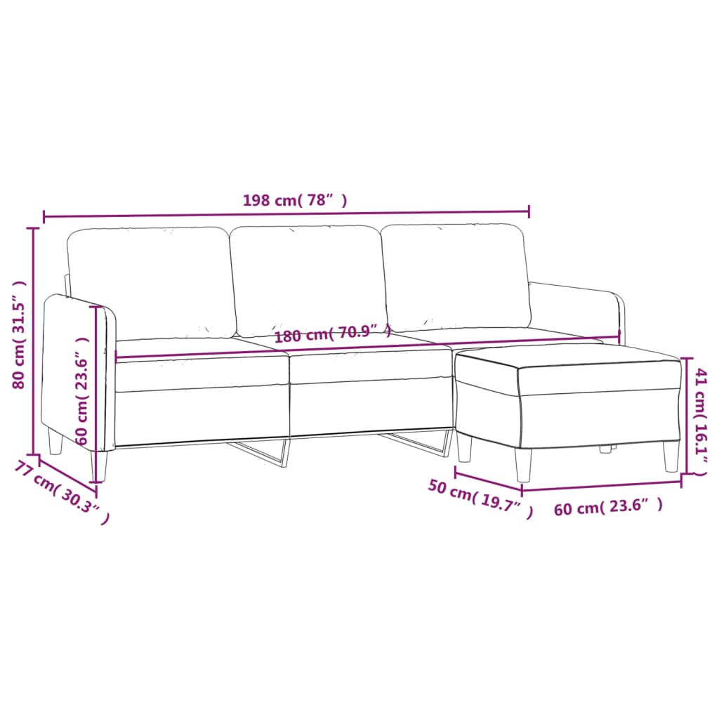 3-Seater Sofa With Footstool Light Grey 180 Cm Fabric