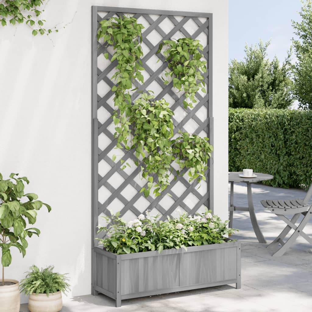 Planter With Trellis Grey Solid Wood Fir