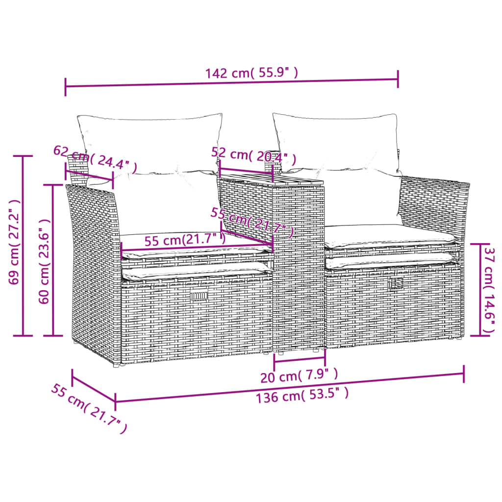 Garden Sofa 2-Seater With Stools Grey Poly Rattan