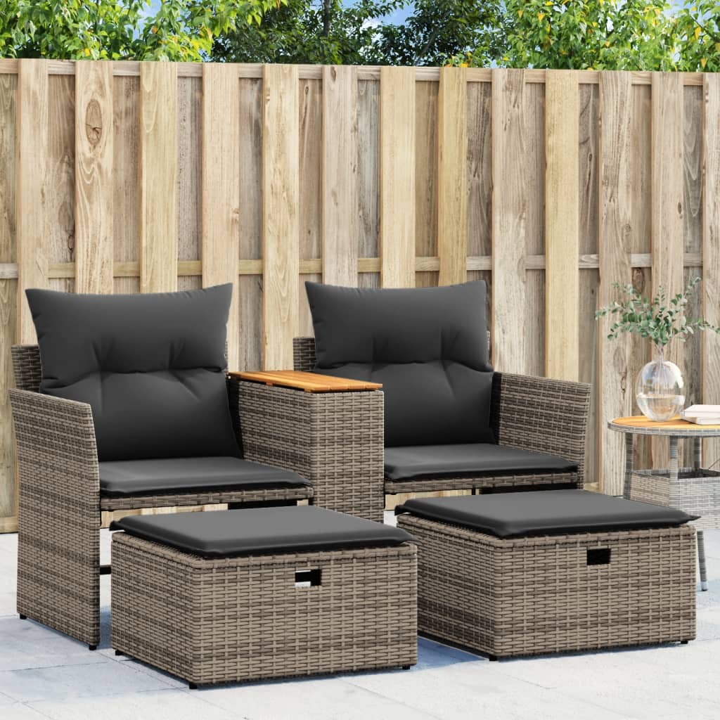 Garden Sofa 2-Seater With Stools Grey Poly Rattan