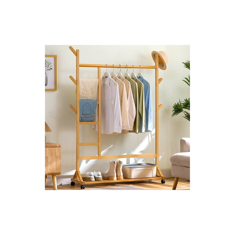 6 Hook Rack Rail Natural Finished Portable Coat Stand Clothes Hat Garment Hanger With Shelf Bamboo