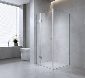 120X120cm Corner Frameless Shower Screen With White Brackets And Brass Hinges Round Knob Handle