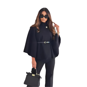 Stand Collar Batwing Sleeves Cloak Top With Belt Woolen Sweater Outwear For Women