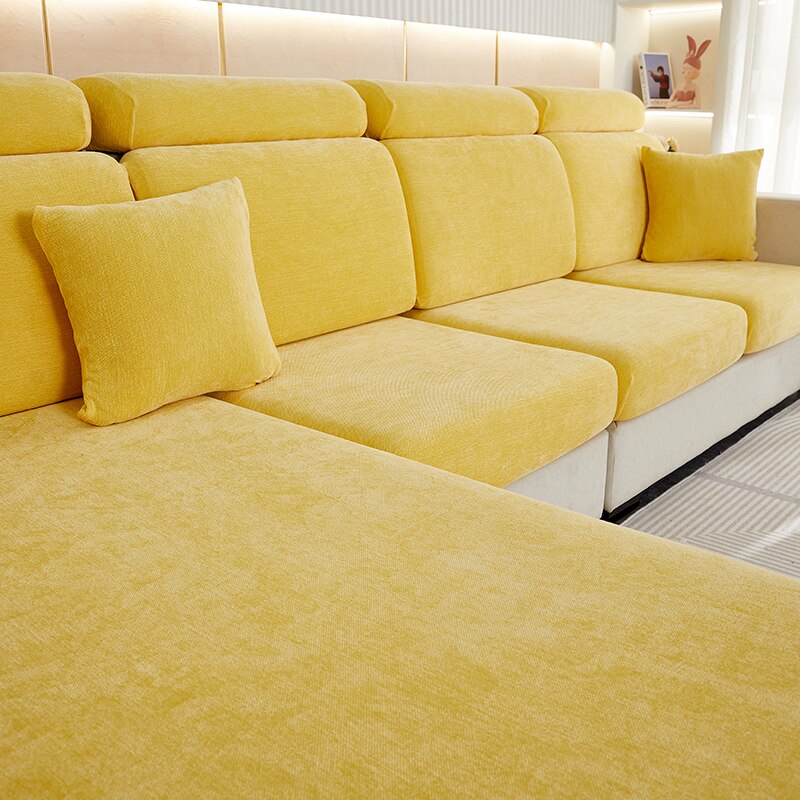 Sofa Cover Pastel Yellow L Shape Polyester Chenille Thick Stretchable Slipcovers