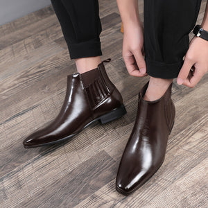 Checked Pointed Toe Chelsea Style Boots For Men Fashion British Square Heel Leather Shoes