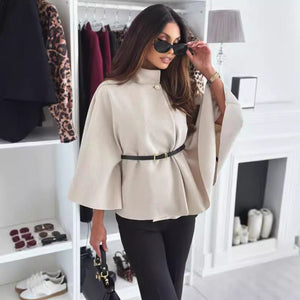 Stand Collar Batwing Sleeves Cloak Top With Belt Woolen Sweater Outwear For Women