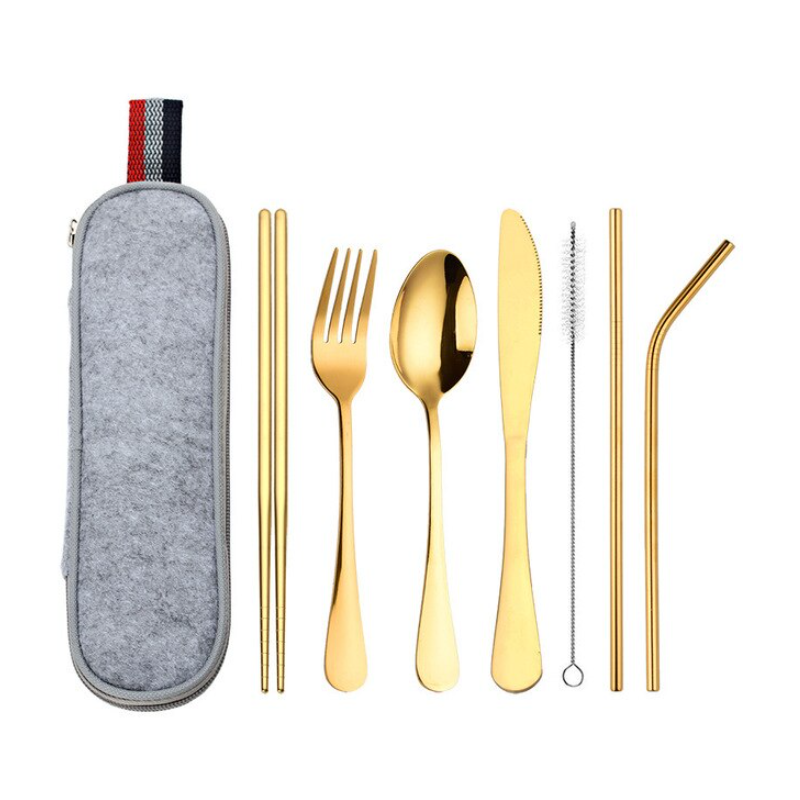 8Pcs/Set Stainless Steel Drinking Straw Knife Fork Spoon Chopsticks Cutlery