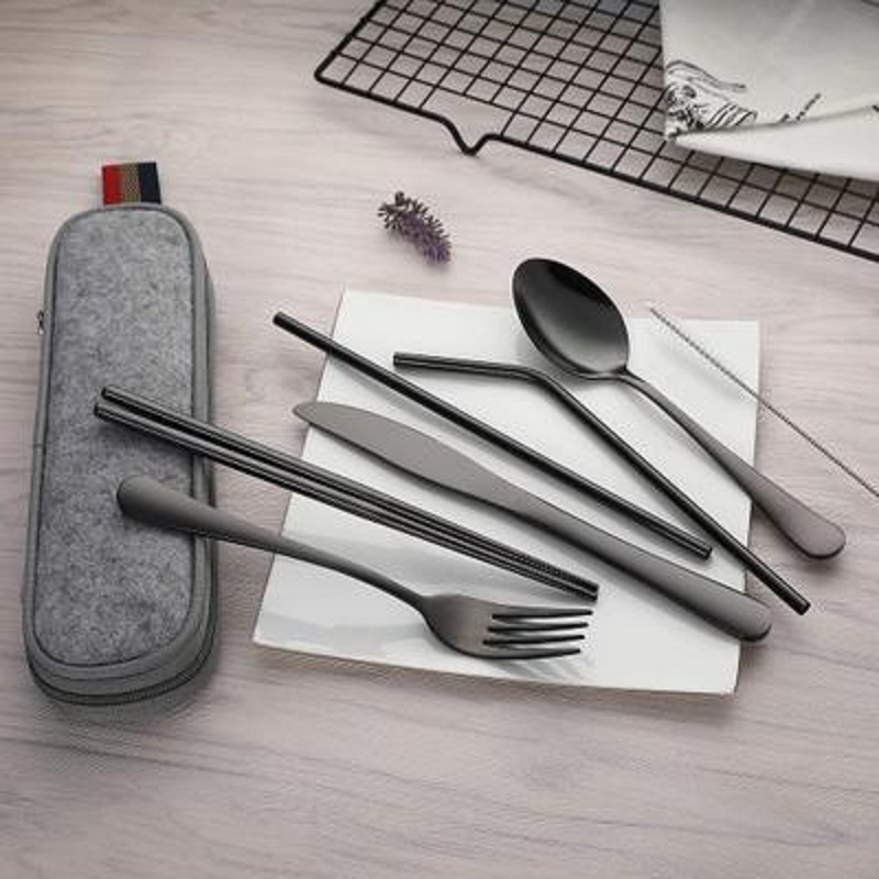 8Pcs/Set Stainless Steel Drinking Straw Knife Fork Spoon Chopsticks Cutlery