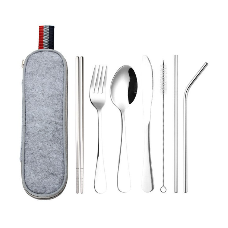 8Pcs/Set Stainless Steel Drinking Straw Knife Fork Spoon Chopsticks Cutlery