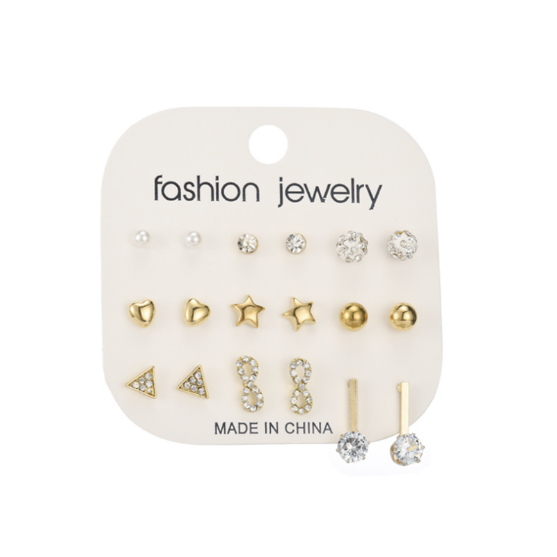 Veile Studios 9 Pairs Of Earrings Creative Zircon Nail Set Alloy Jewelry Gold