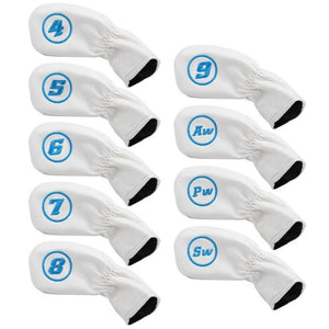 9Pcs Golf Iron Head Covers Set Waterproof Soft Pu Leather Putter White