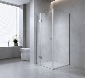 120X110cm Corner Frameless Shower Screen With Nickel Channel And Brass Hinges Square Double Pull Handle