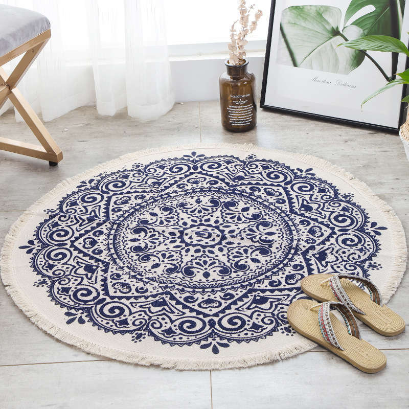 92 X 92Cm Retro Bohemian Carpet Hand Woven Cotton Linen Rug Bedside Geometric Floor Mat Living Room Bedroom Home Decor V