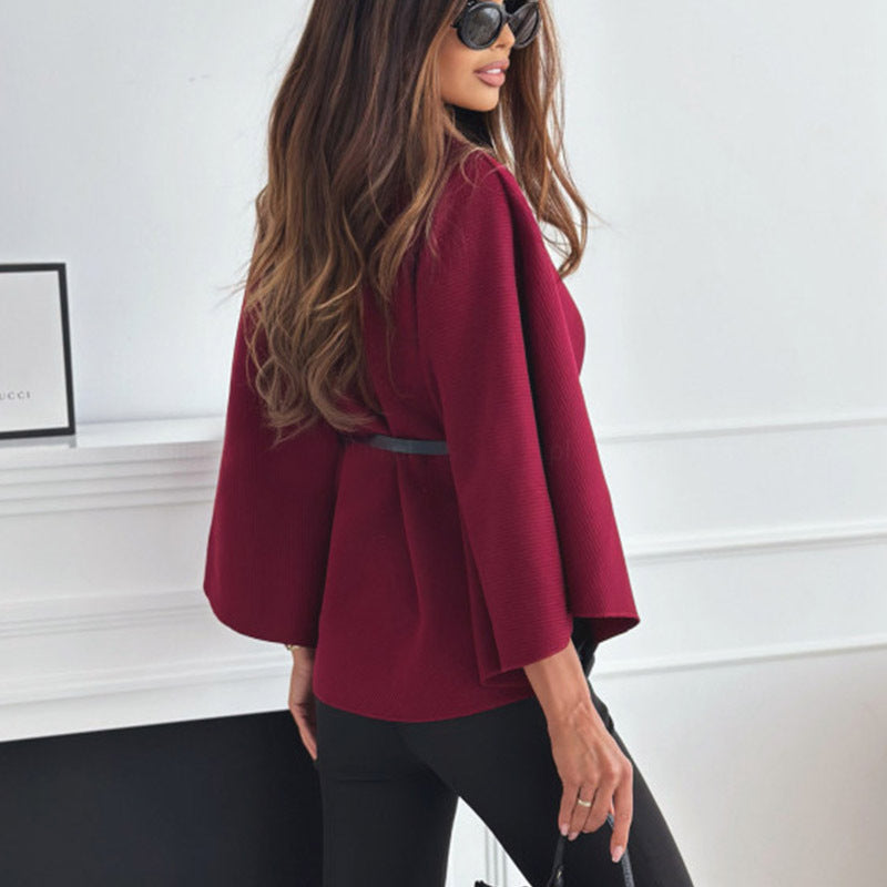 Stand Collar Batwing Sleeves Cloak Top With Belt Woolen Sweater Outwear For Women