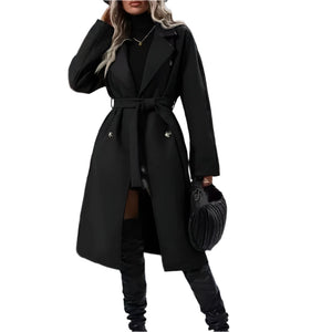 Lapel Double Breasted Trench Coat With Belt Long Jacket Outwear Women Clothing