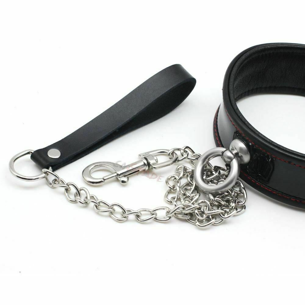 House Of Dasein Black Genuine Leather Bondage Collar Leash Metal Chain Bdsm Beginners