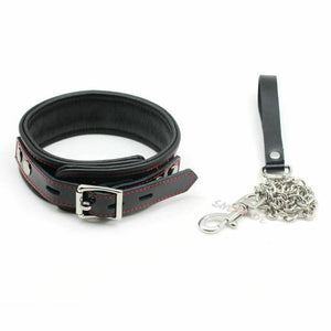 House Of Dasein Black Genuine Leather Bondage Collar Leash Metal Chain Bdsm Beginners