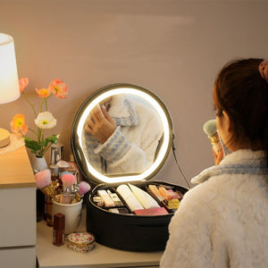 Round Smart Led Makeup Bag With Mirror Lights Large Capacity Pu Leather Cosmetic Case