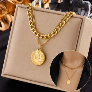 Veile Studios Geometric Portrait Coin Pendant Necklace For Women Multilayer Choker Chain Jewelry