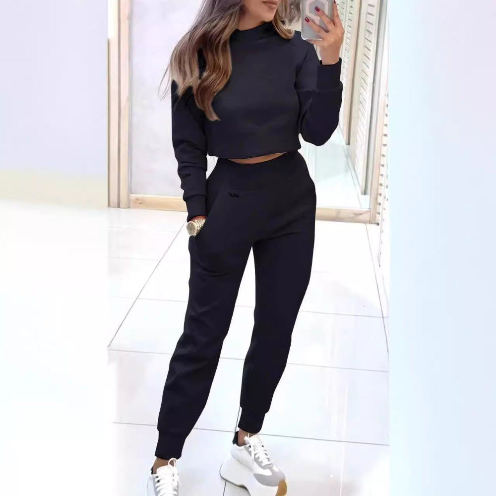 Stand Collar Sports Suit Fashion Pullover Long Sleeves Short Top And Slim Trousers With Pockets Solid Outfits Women's Cl