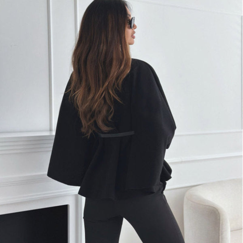 Stand Collar Batwing Sleeves Cloak Top With Belt Woolen Sweater Outwear For Women