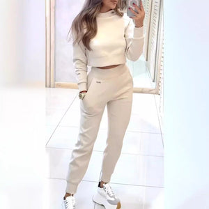 Stand Collar Sports Suit Fashion Pullover Long Sleeves Short Top And Slim Trousers With Pockets Solid Outfits Women's Cl