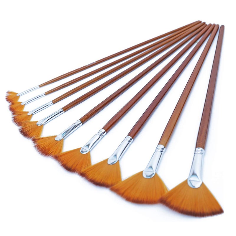 9Pcs Fan Artist Paint Brushes Anti Shedding Nylon Hair Wood Long Handle