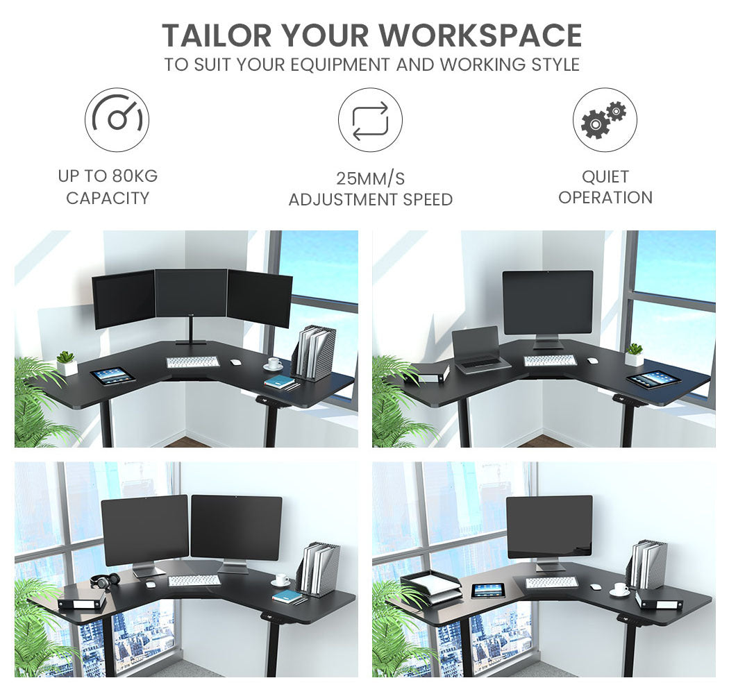 Fortia 98W X 48D Dual Motor 80Kg Load Electric Sit To Stand Up Corner Desk Black/Black Frame
