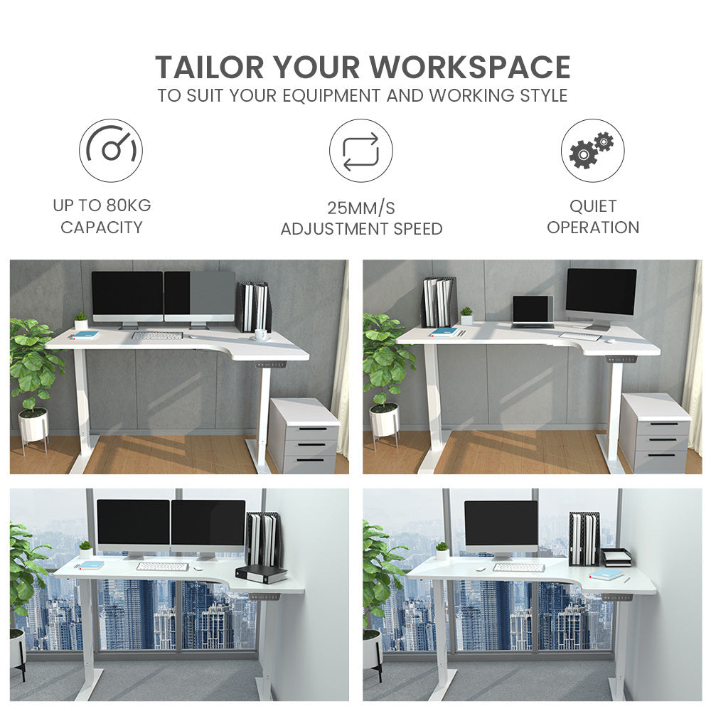 Fortia 145W X 60D 85D Dual Motor 80Kg Load Sit Stand Up R Hand Sided Corner Desk White/White Frame