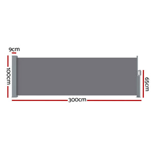 Instahut Side Awning Sun Shade Outdoor Blinds Retractable Screen 1X3m Grey