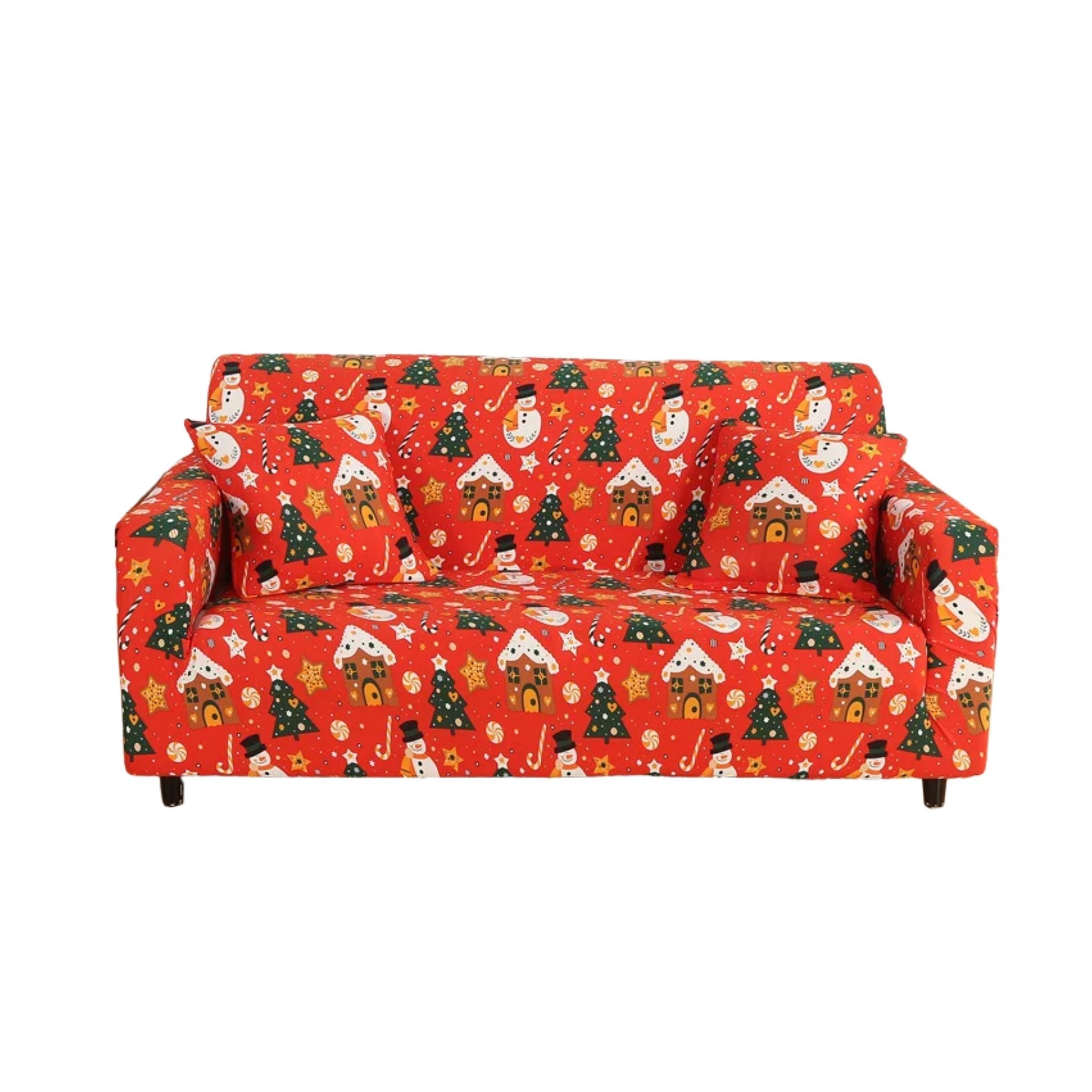 Sofa Cover Orange Christmas Snowman Design Stretchable Non Slip Slipcover
