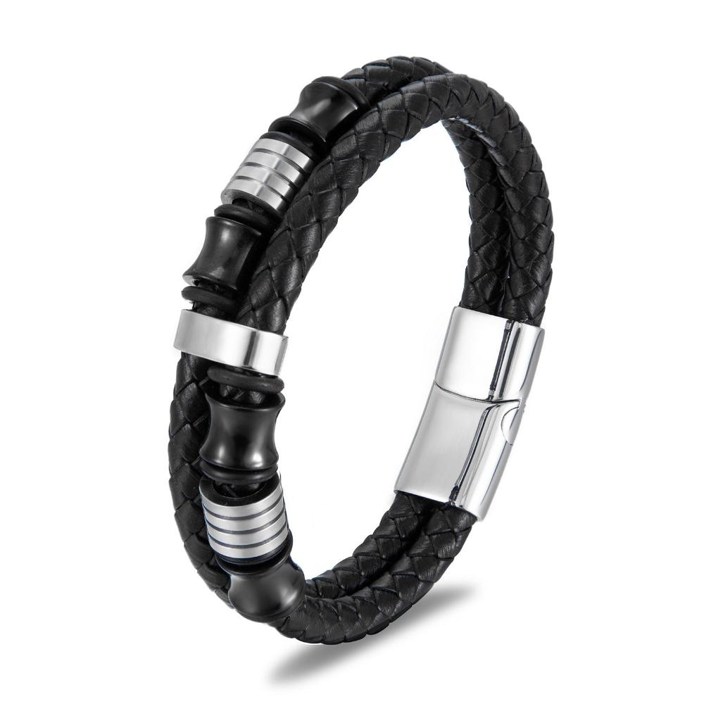 Veile Studios Black Leather Stainless Steel Mens Bracelet With Titanium And Rope