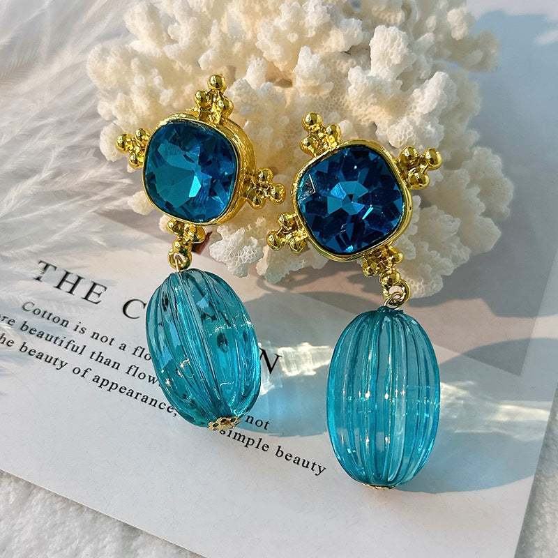 Veile Studios Middle Aged Style Earrings Blue Crystal Pendant Women's Artistic Retro