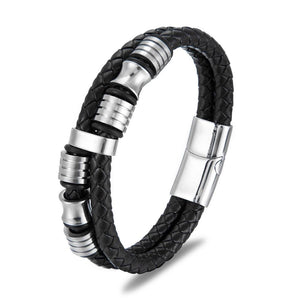 Veile Studios Black Leather Stainless Steel Mens Bracelet With Titanium And Rope