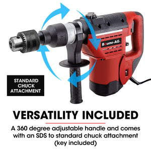 Baumr Ag 1500W Pro Grade Electric Rotary Jackhammer Hammer Drill With 2 Bonus Chisels 3 Bits