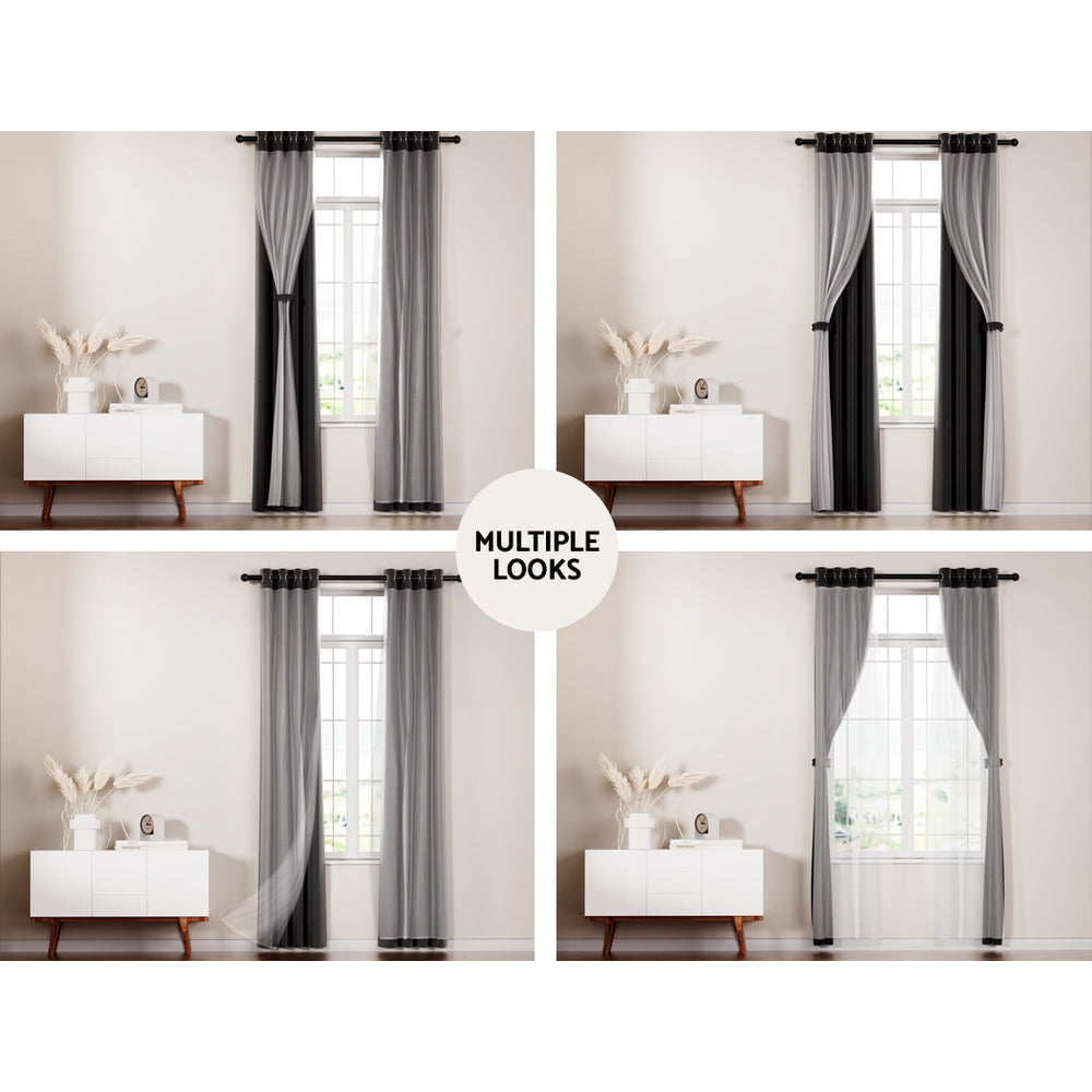 Artiss 2X 132X304cm Blockout Sheer Curtains Black